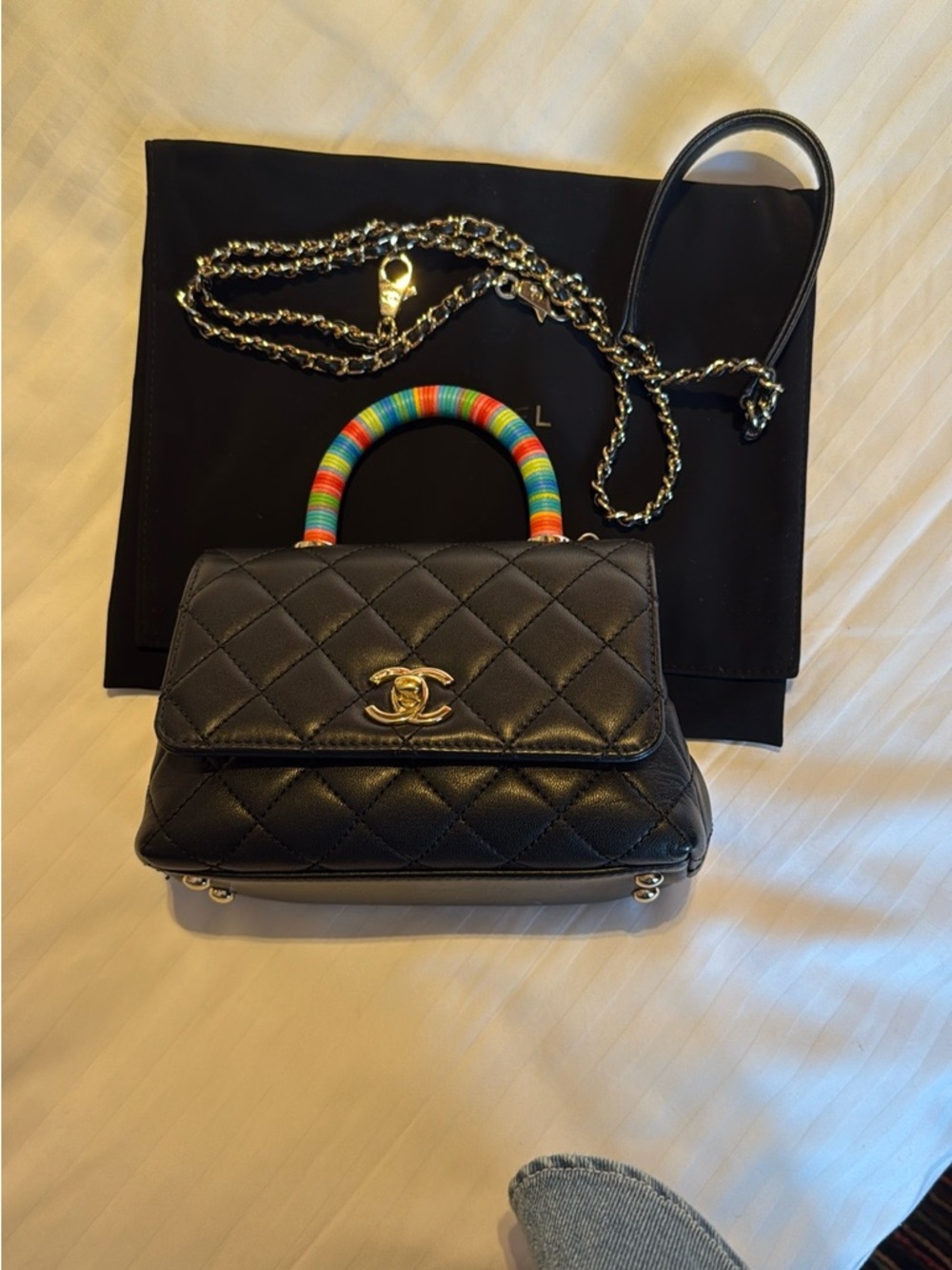 CHANEL Black Quilted Mini Top-Handle Bag with Rainbow-Wrapped Handle